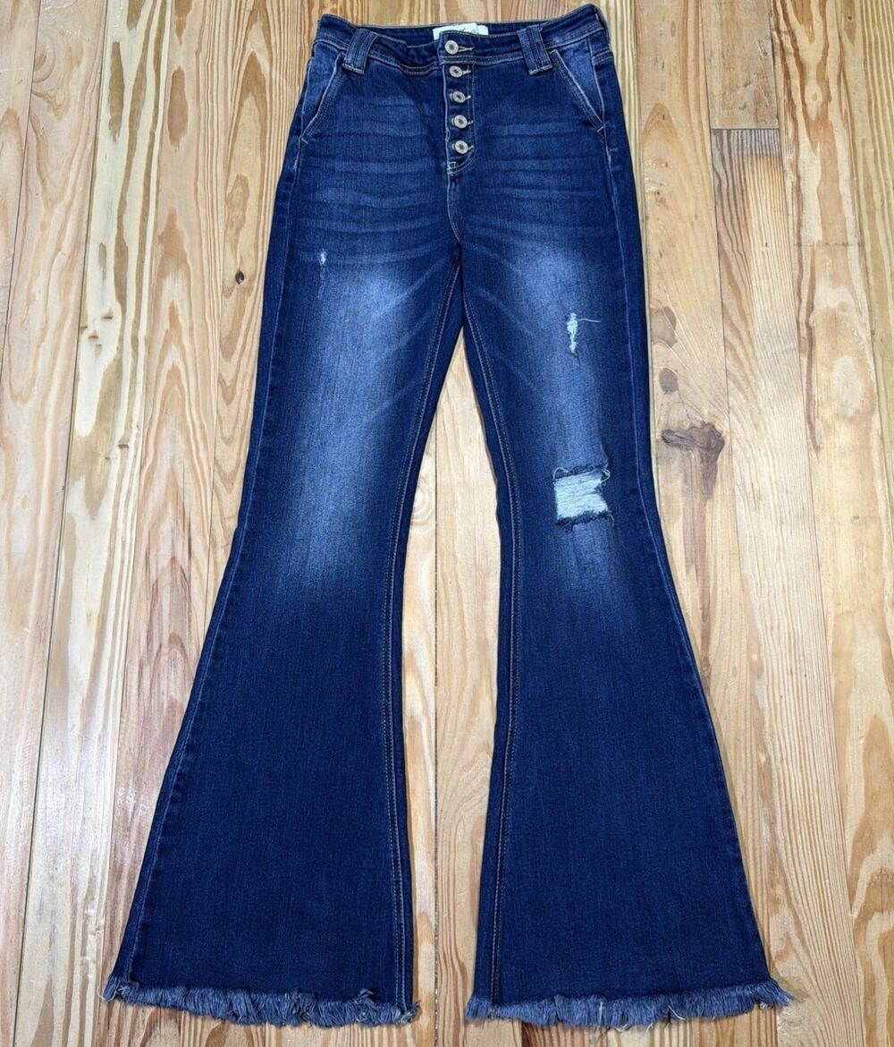 SIZE 5/26 KANCAN High Rise Flare Bell Bottom Fringe Button Fly Distressed Jeans